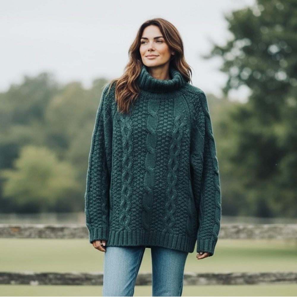 Dark Green Chunky Fisherman Cable Knit Turtleneck Sweater Size L